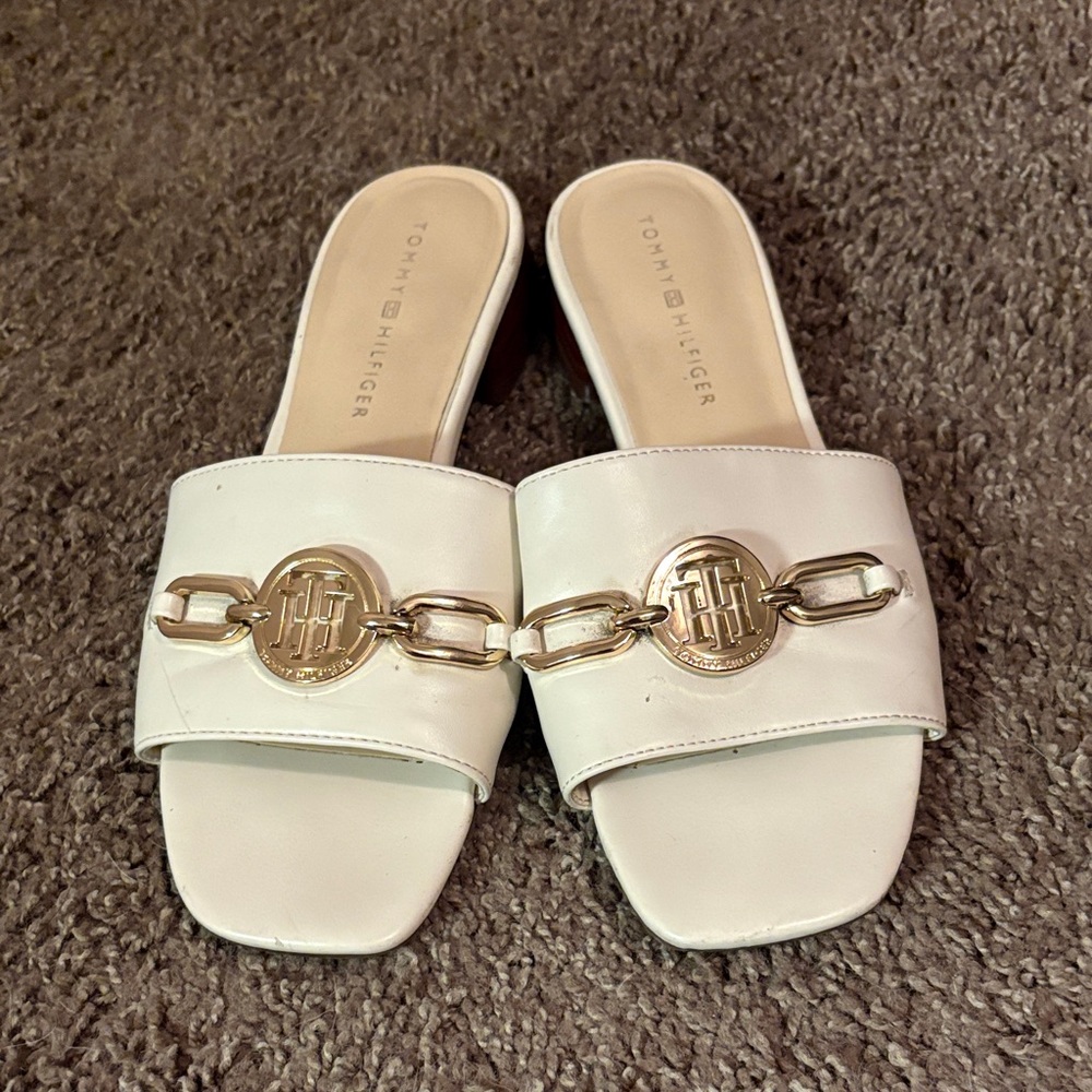 Tommy Hilfiger White Mules with Gold Accent